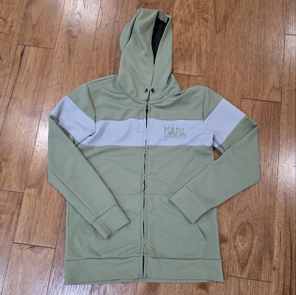 Karl Lagerfeld Cotton Crepe  Lightweight Zip-Up Hoodie in Olive and Light Gray.M